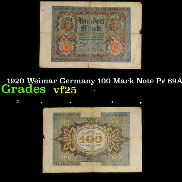 1920 Weimar Germany 100 Mark Note P# 69A Grades vf+
