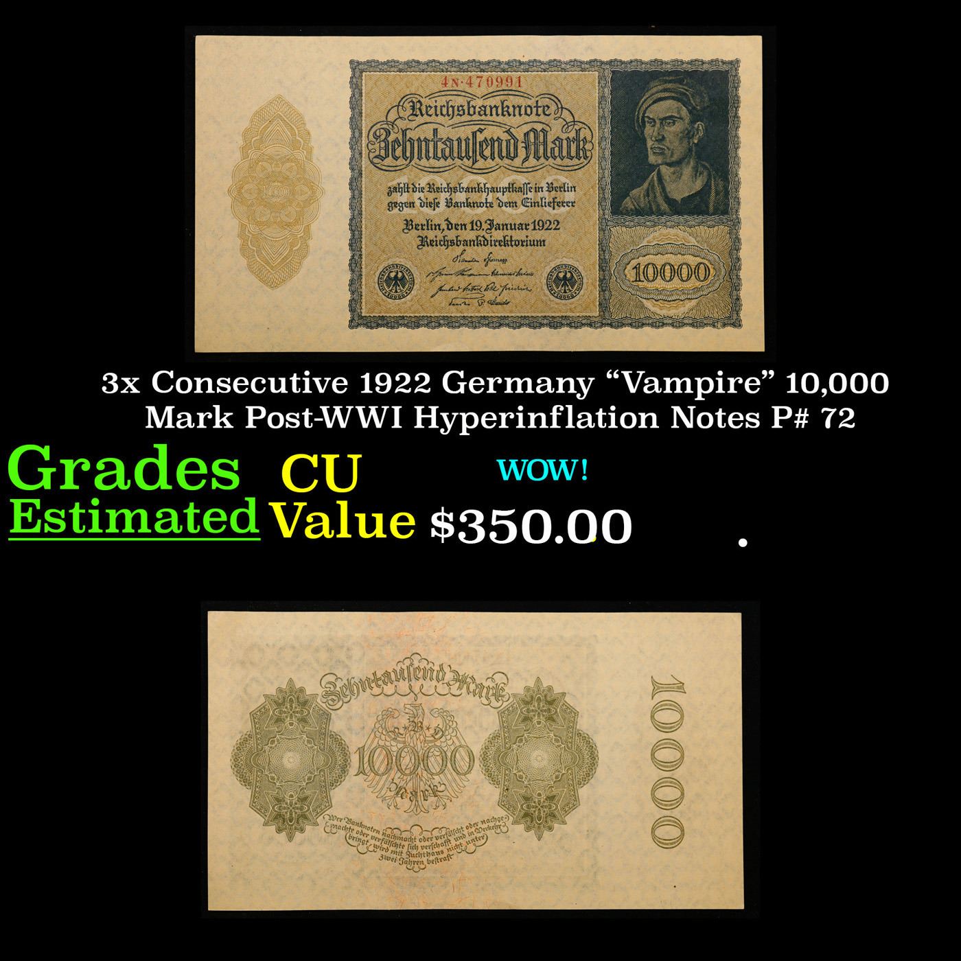 German Vampire Note 3x Consecutive 1922 Germany