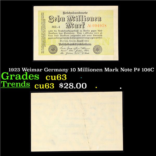 1923 Weimar Germany 10 Millionen Mark Note P# 106C Grades Select CU