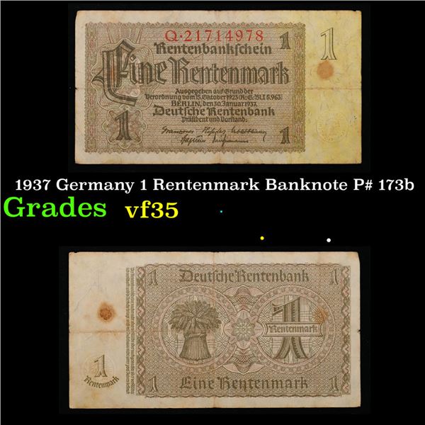 1937 Germany 1 Rentenmark Banknote P# 173b Grades vf++