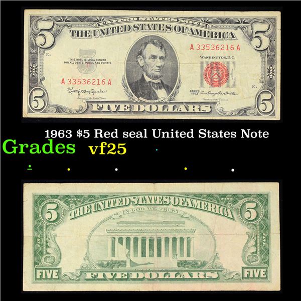 1963 $5 Red seal United States Note Grades vf+