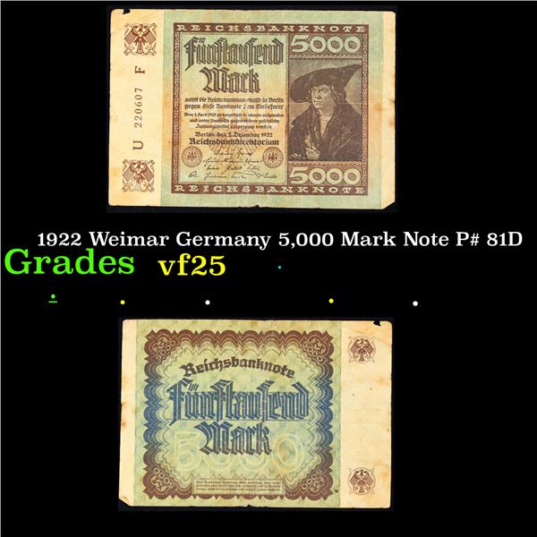 1922 Weimar Germany 5,000 Mark Note P# 81D Grades vf+