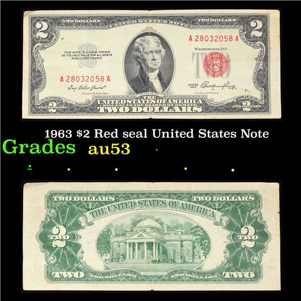 1963 $2 Red seal United States Note Grades Select AU