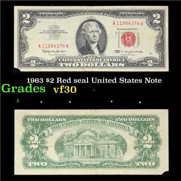 1963 $2 Red seal United States Note Grades vf++
