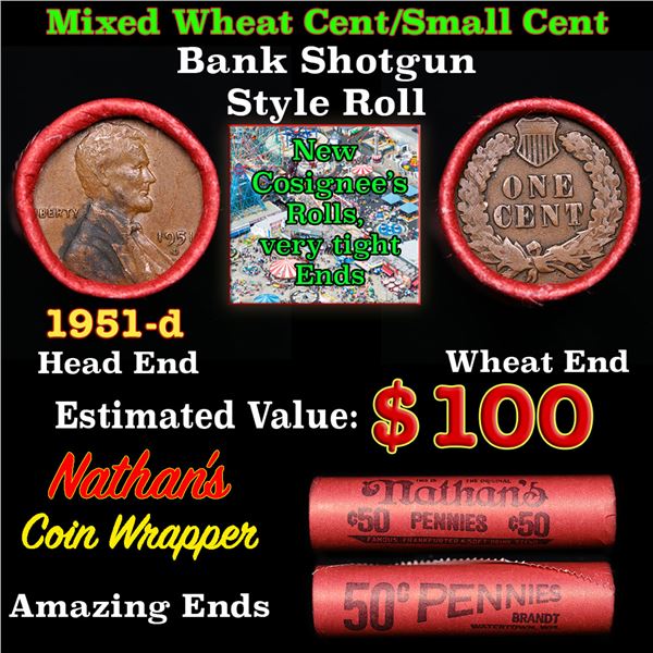 Mixed small cents 1c orig shotgun roll, 1951-d Lincoln Cent, Wheat Cent other end, Nathan's Brandt W