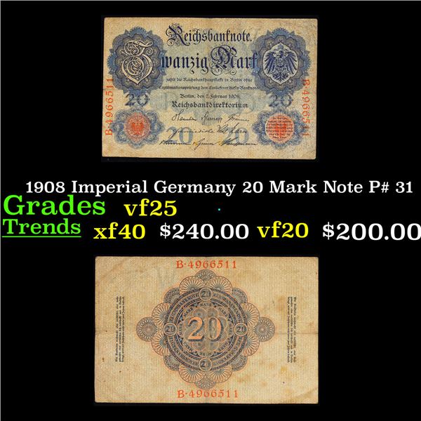 1908 Imperial Germany 20 Mark Note P# 31 Grades vf+