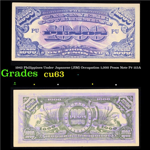 1942 Philippines Under Japanese (JIM) Occupation 1,000 Pesos Note P# 115A Grades Select CU