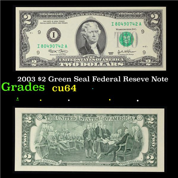 2003 $2 Green Seal Federal Reseve Note Grades Choice CU