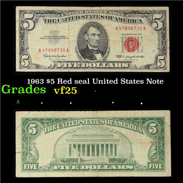 1963 $5 Red seal United States Note Grades vf+