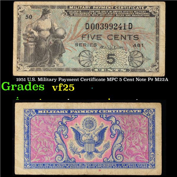 1951 U.S. Military Payment Certificate MPC 5 Cent Note P# M22A Grades vf+