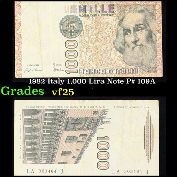 1982 Italy 1,000 Lira Note P# 109A Grades vf+