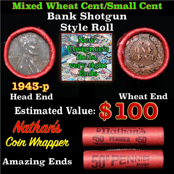Mixed small cents 1c orig shotgun roll, 1943-p Lincoln Cent, Wheat Cent other end, Nathan's Brandt W