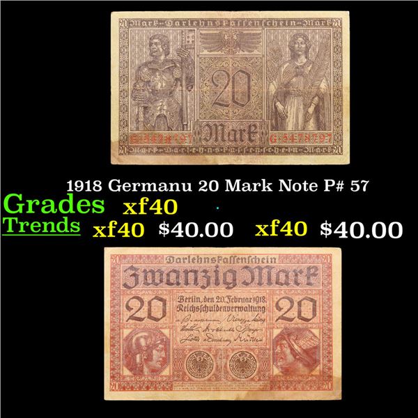 1918 Germanu 20 Mark Note P# 57 Grades xf
