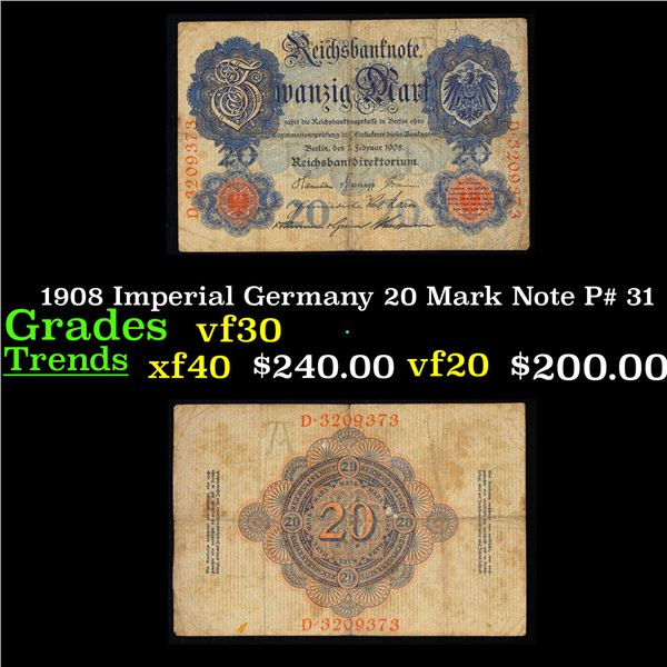1908 Imperial Germany 20 Mark Note P# 31 Grades vf++