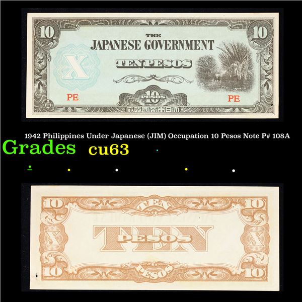 1942 Philippines Under Japanese (JIM) Occupation 10 Pesos Note P# 108A Grades Select CU