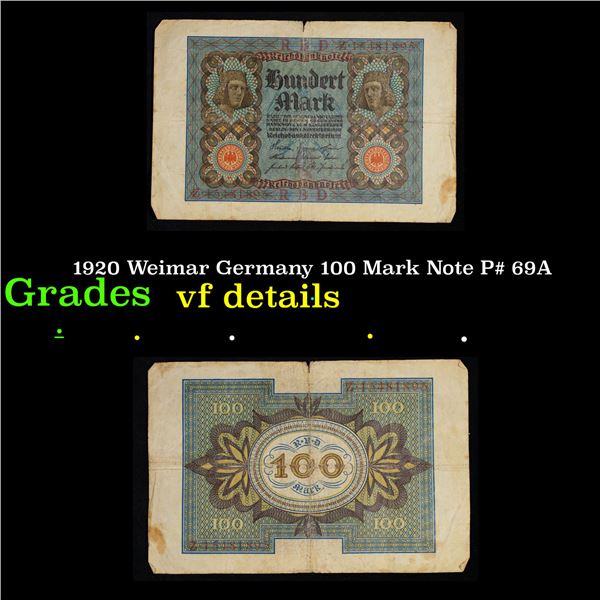 1920 Weimar Germany 100 Mark Note P# 69A Grades vf details
