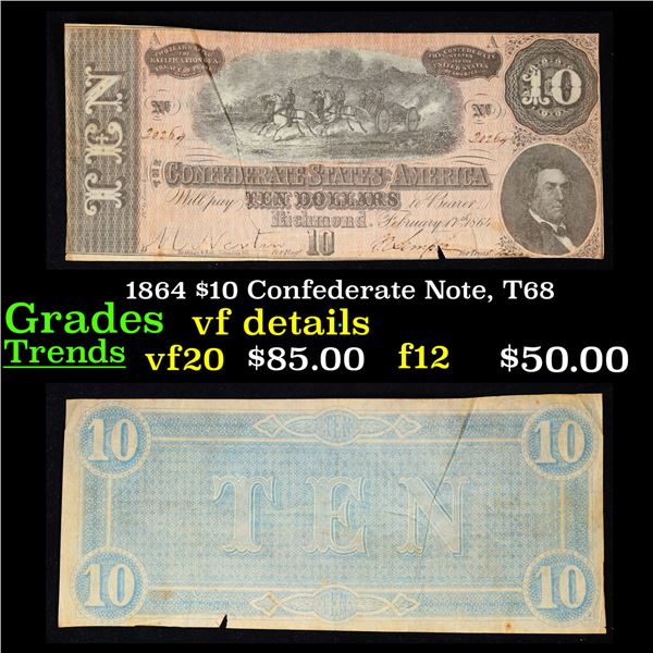 1864 $10 Confederate Note, T68 Grades vf details