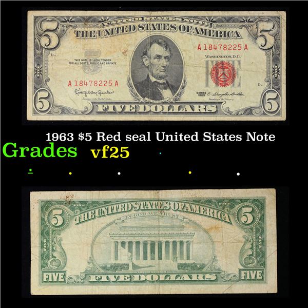 1963 $5 Red seal United States Note Grades vf+