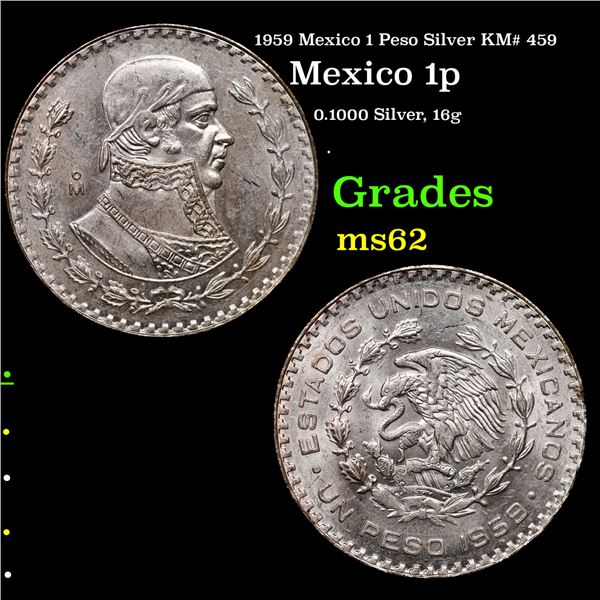 1959 Mexico 1 Peso Silver KM# 459 Grades Select Unc