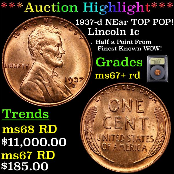 ***Auction Highlight*** 1937-d Lincoln Cent NEar TOP POP! 1c Graded GEM++ RD By USCG (fc)