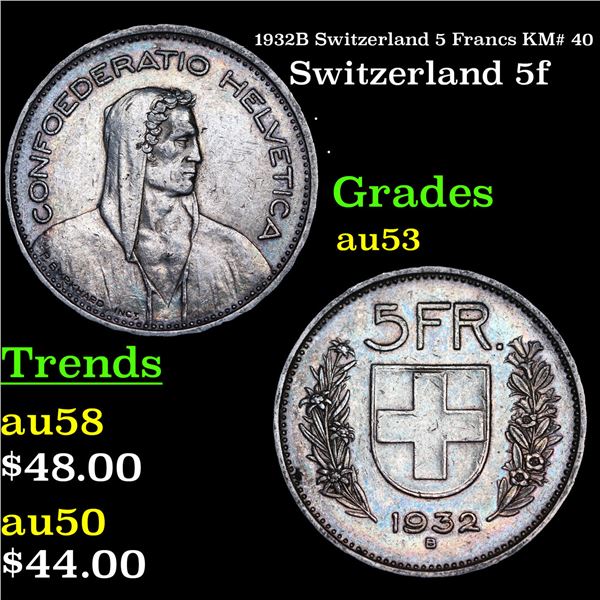 1932B Switzerland 5 Francs KM# 40 Grades Select AU