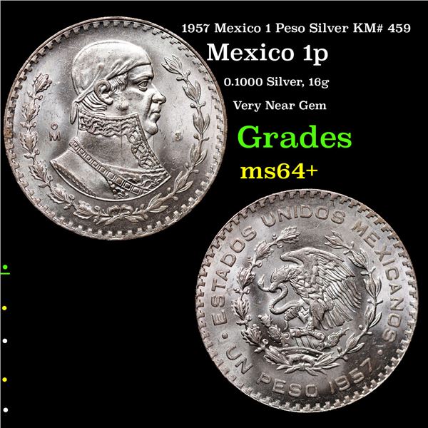 1957 Mexico 1 Peso Silver KM# 459 Grades Choice+ Unc