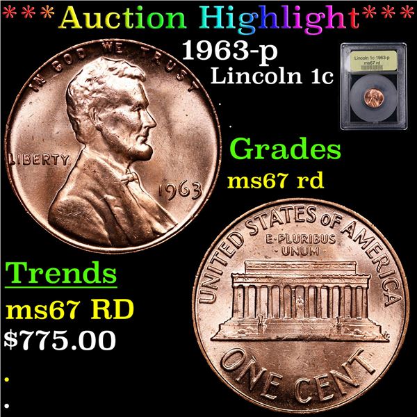 ***Auction Highlight*** 1963-p Lincoln Cent 1c Graded GEM++ Unc RD By USCG (fc)
