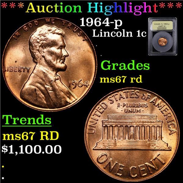 ***Auction Highlight*** 1964-p Lincoln Cent 1c Graded GEM++ Unc RD By USCG (fc)
