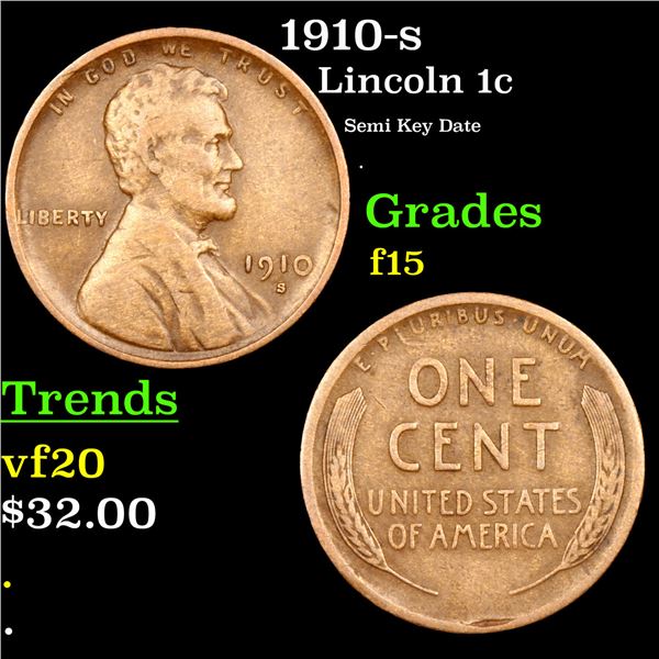 1910-s Lincoln Cent 1c Grades f+