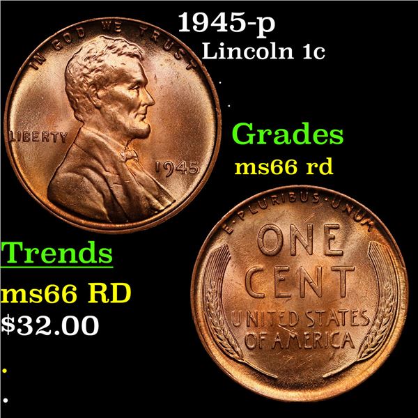1945-p Lincoln Cent 1c Grades GEM+ Unc RD