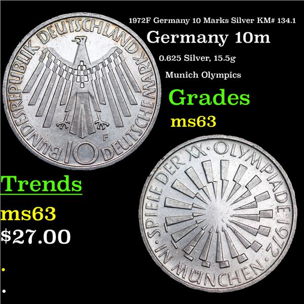 1972F Germany 10 Marks Silver KM# 134.1 Grades Select Unc