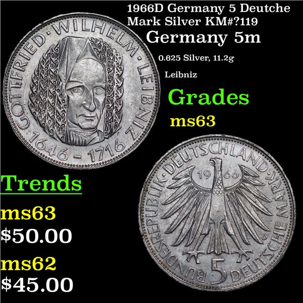 1966D Germany 5 Deutche Mark Silver KM#?119 Grades Select Unc
