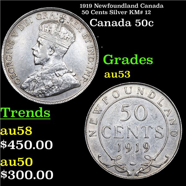 1919 Newfoundland Canada 50 Cents Silver KM# 12 Grades Select AU