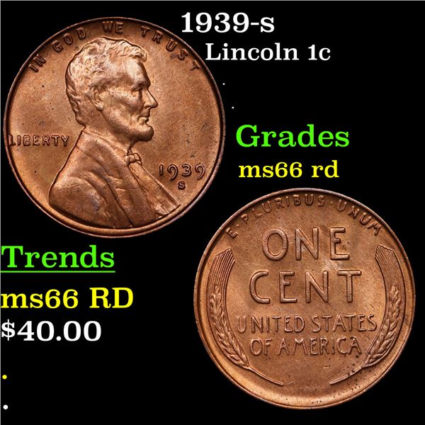 1939-s Lincoln Cent 1c Grades GEM+ Unc RD
