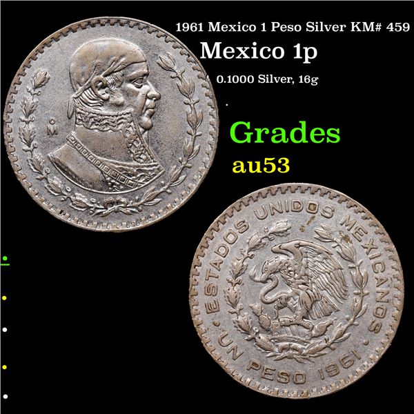 1961 Mexico 1 Peso Silver KM# 459 Grades Select AU