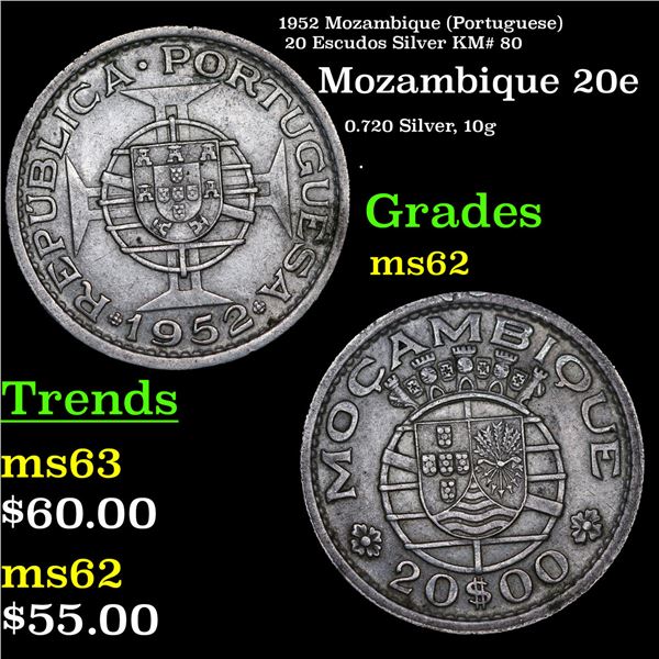 1952 Mozambique (Portuguese) 20 Escudos Silver KM# 80 Grades Select Unc