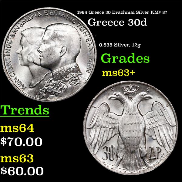 1964 Greece 30 Drachmai Silver KM# 87 Grades Select+ Unc