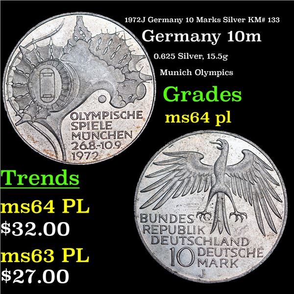 1972J Germany 10 Marks Silver KM# 133 Grades Choice Unc PL
