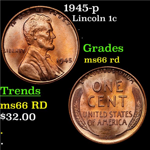 1945-p Lincoln Cent 1c Grades GEM+ Unc RD