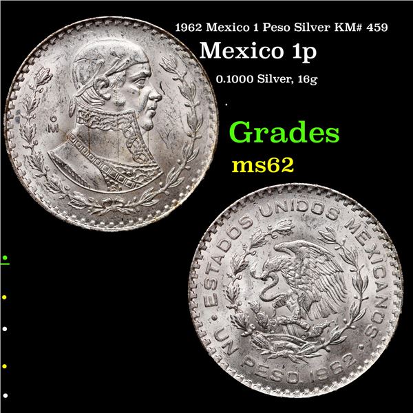 1962 Mexico 1 Peso Silver KM# 459 Grades Select Unc