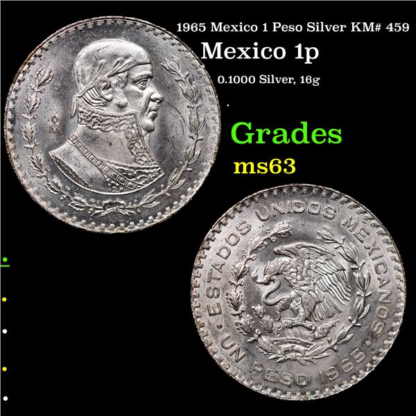 1965 Mexico 1 Peso Silver KM# 459 Grades Select Unc