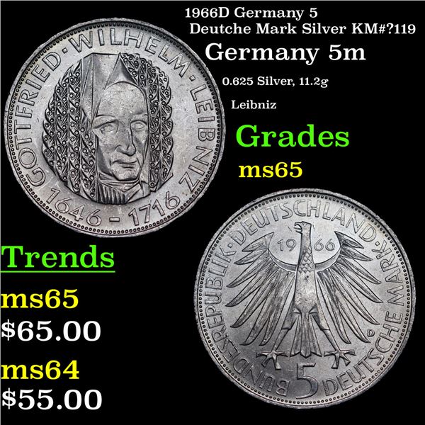 1966D Germany 5 Deutche Mark Silver KM#?119 Grades GEM Unc