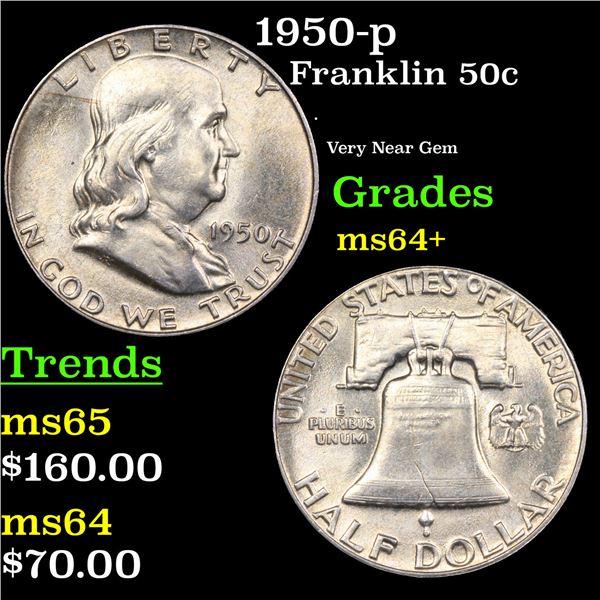 1950-p Franklin Half Dollar 50c Grades Choice+ Unc