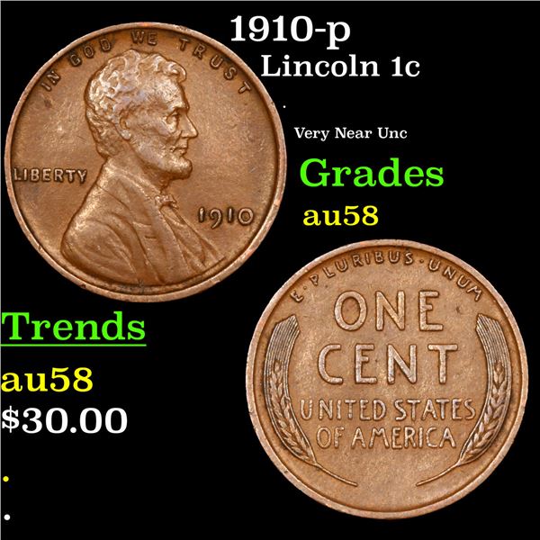 1910-p Lincoln Cent 1c Grades Choice AU/BU Slider