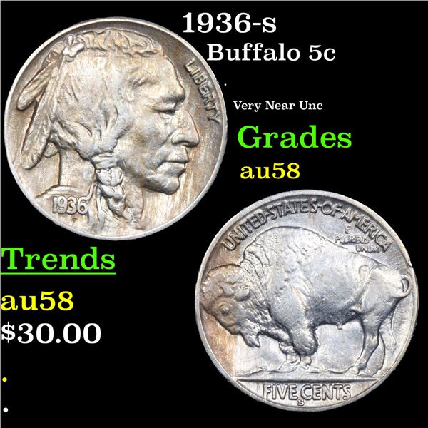1936-s Buffalo Nickel 5c Grades Choice AU/BU Slider