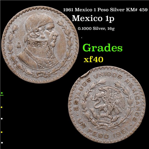 1961 Mexico 1 Peso Silver KM# 459 Grades xf