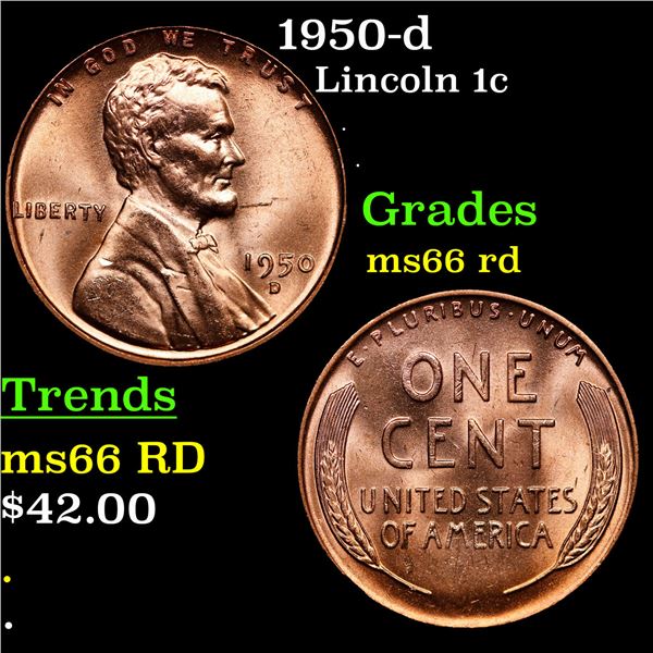 1950-d Lincoln Cent 1c Grades GEM+ Unc RD