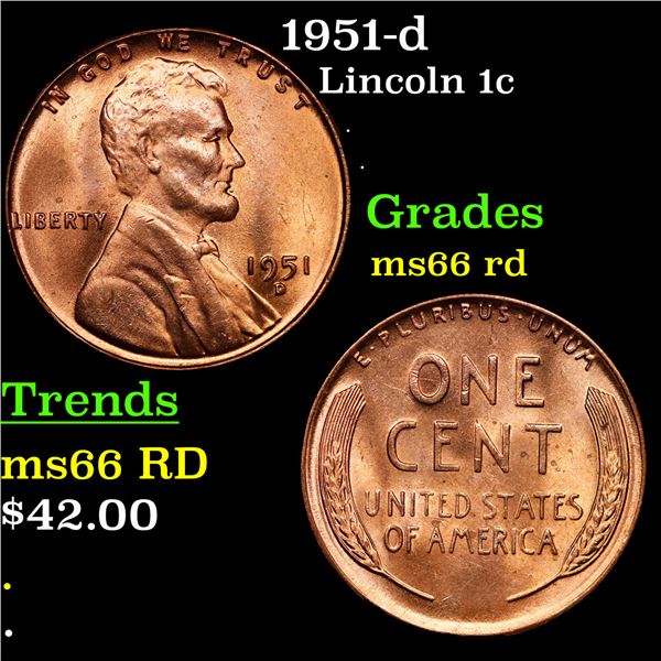 1951-d Lincoln Cent 1c Grades GEM+ Unc RD