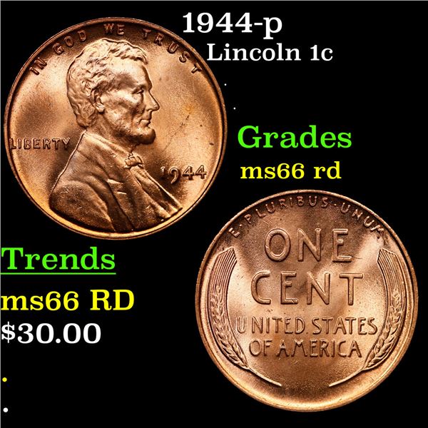 1944-p Lincoln Cent 1c Grades GEM+ Unc RD