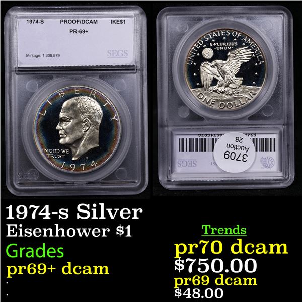 Proof 1974-s Silver Eisenhower Dollar $1 Graded pr69+ dcam By SEGS